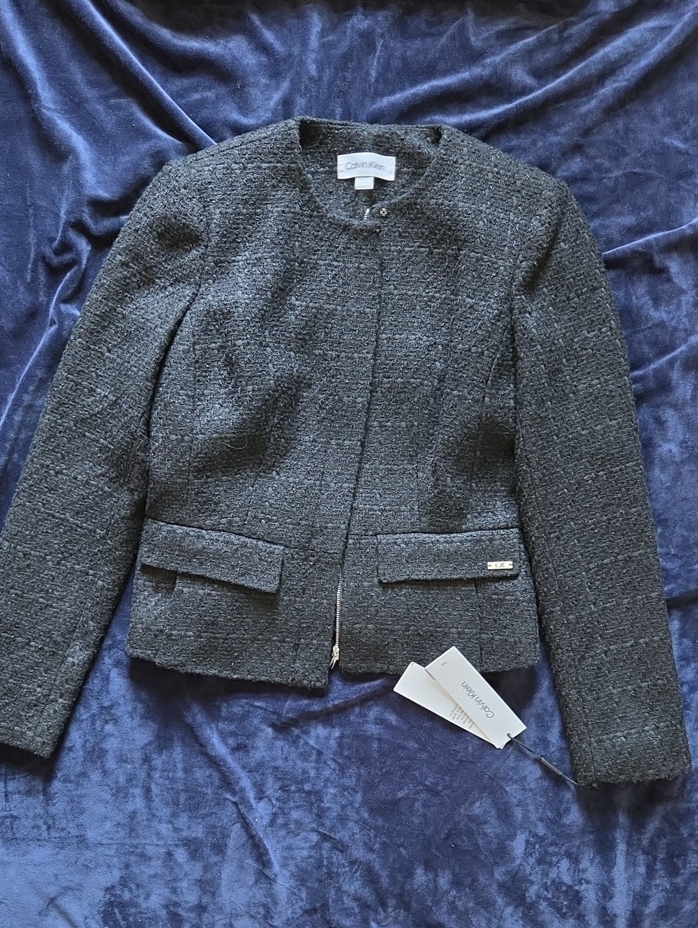 Calvin Klein Black Tweed Collarless Zip Blazer